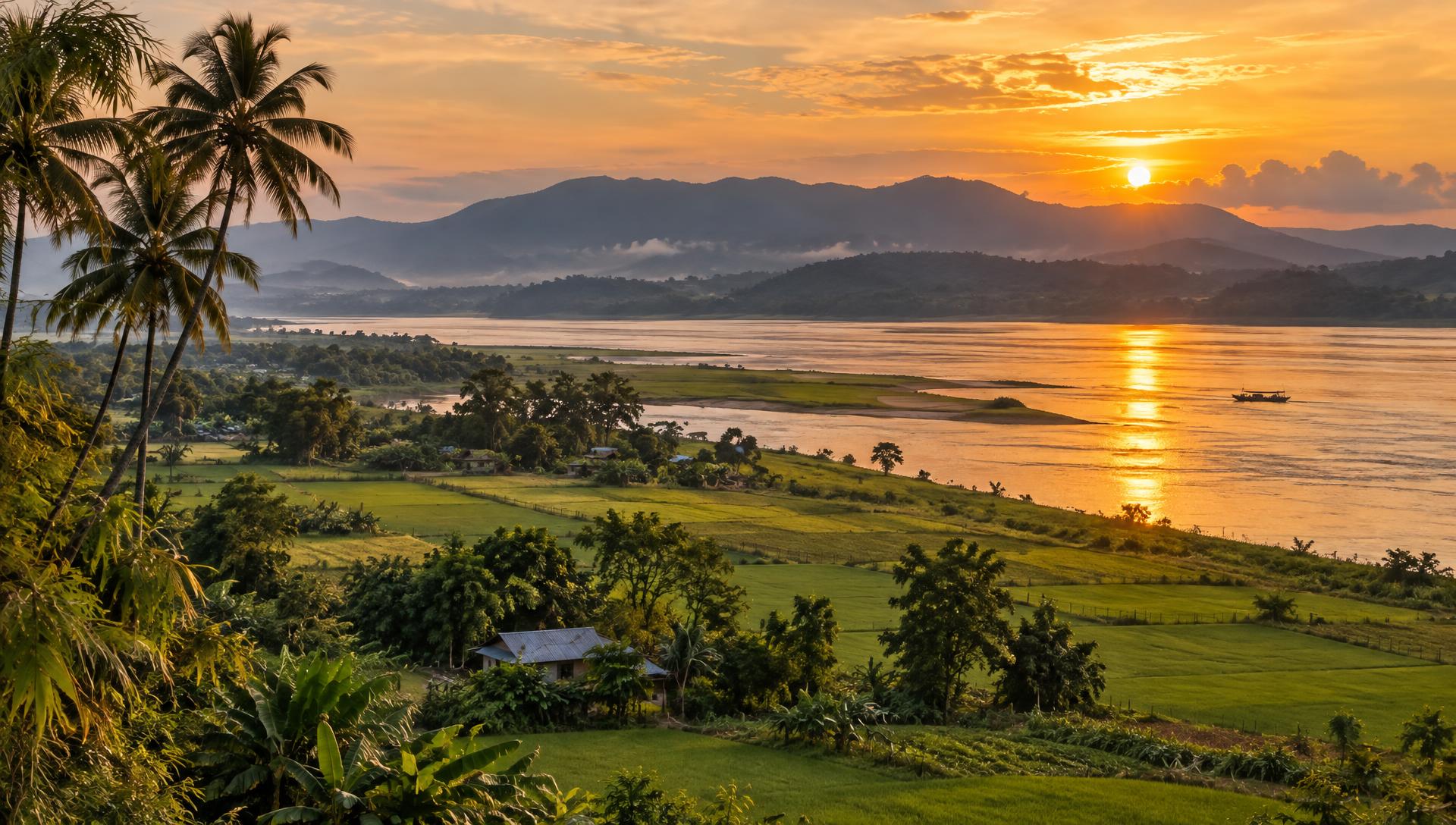 Scenic Brahmaputra riverside with a modern home at golden hour