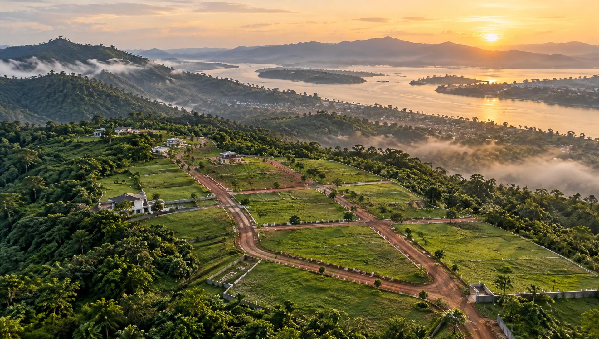 Aerial view of premium residential plots near Guwahati with misty hills